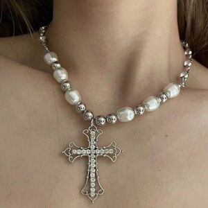 Silver Cross Pearl Necklace - White Pearls new